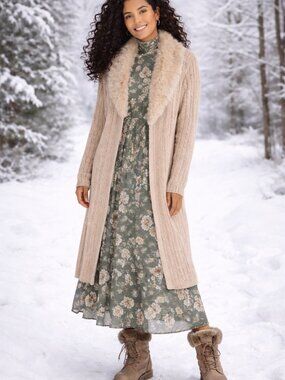 Cozy Tan Brown Cable Knit Cardigan Overcoat with Faux Fur Collar Trim Size XL